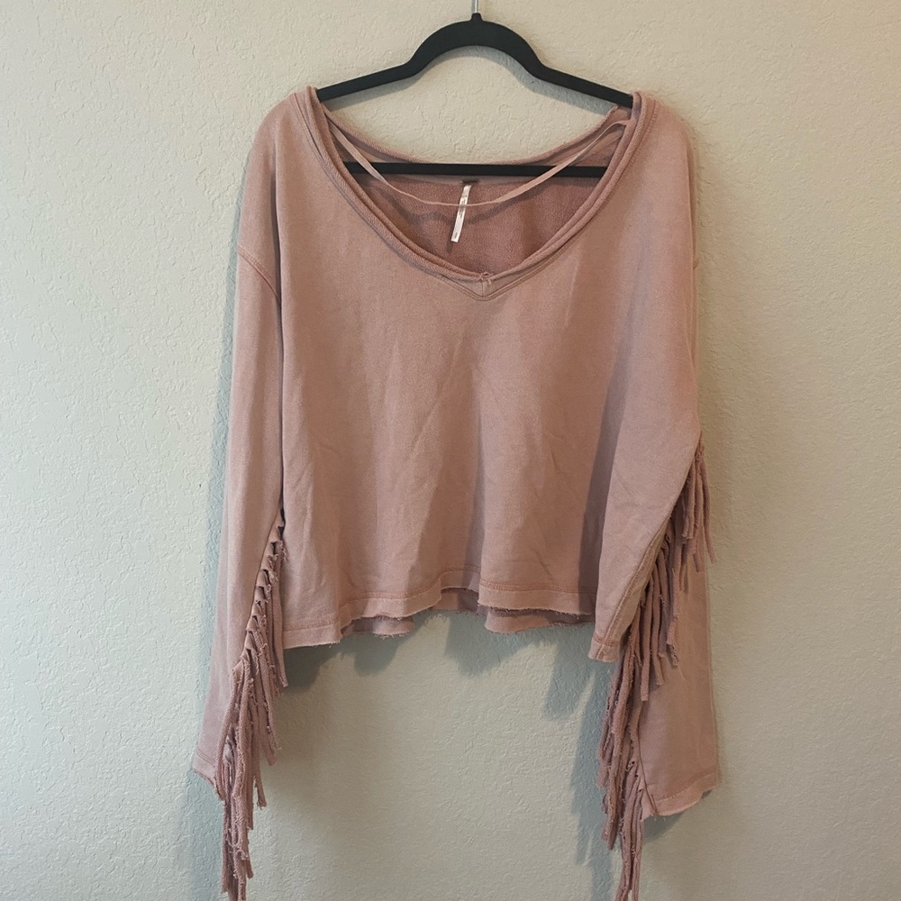 Free People Cropped Pink Fringe Sweatshirt